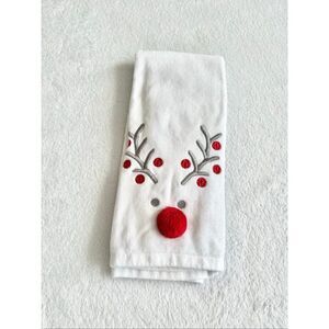 Casaba - Christmas red and white reindeer pom-pom decorative bathroom hand towel